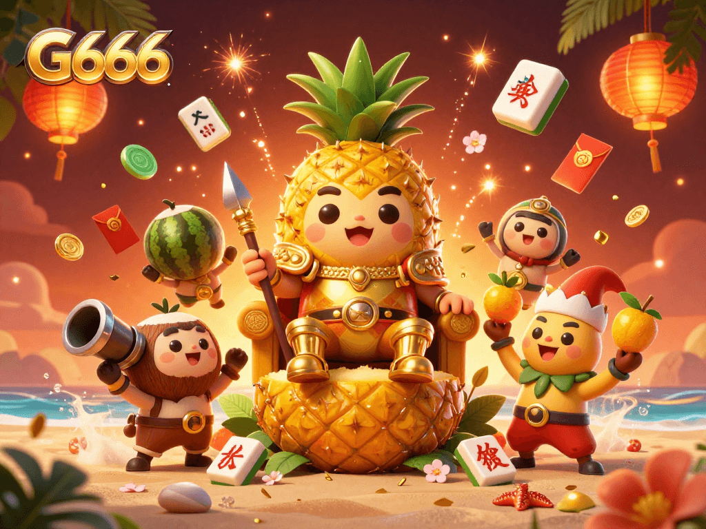 Engage with G666’s vibrant casino environment featuring a golden pineapple king and lively characters.