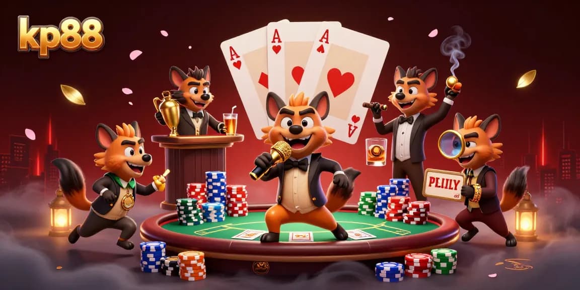 Experience kp88's vibrant casino scene with lively hyenas, poker elements, and joyful atmosphere.