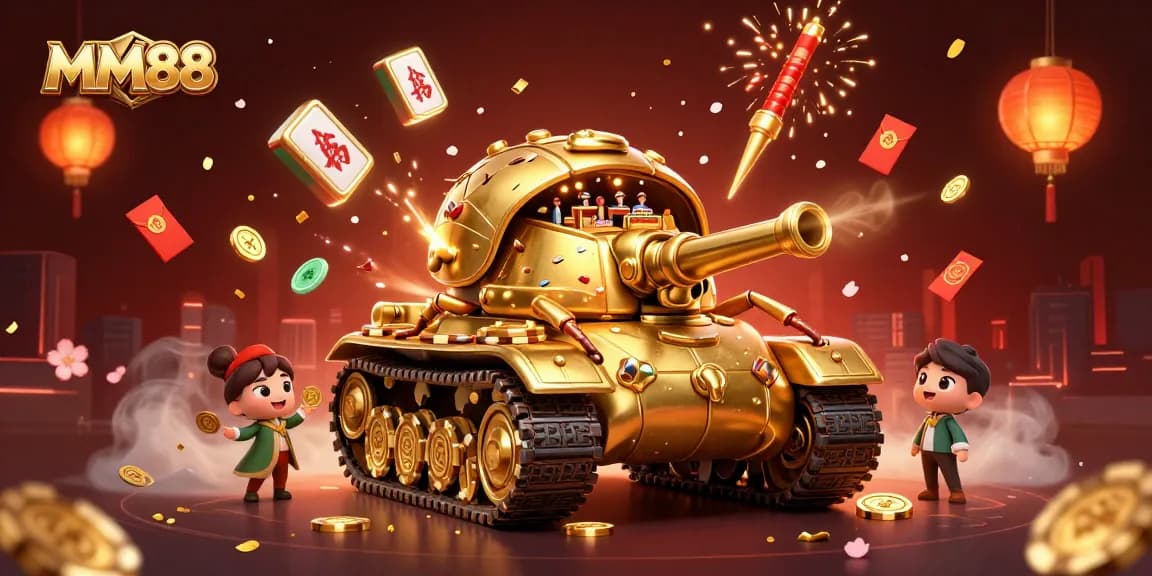 Experience the thrill of MM88 with a vibrant 3D casino tank illustration packed with games and excitement.