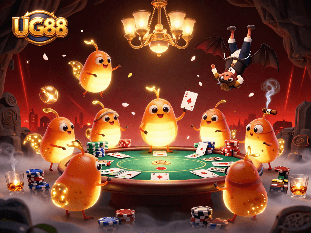 Engage with UG88 in a vibrant cave casino scene with whimsical glowworms and interactive gaming elements.