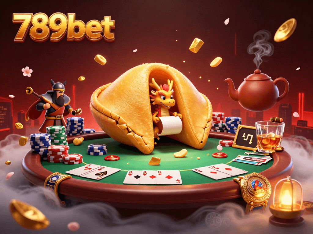 Experience 789bet’s exciting gaming atmosphere with a golden fortune cookie and dragon amidst vibrant poker elements.