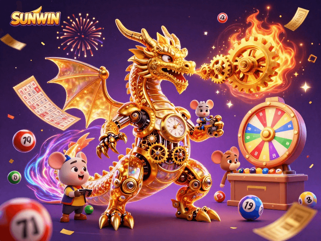 SUNWIN offers a dynamic gaming experience with a golden dragon and colorful lottery elements illustrating excitement.