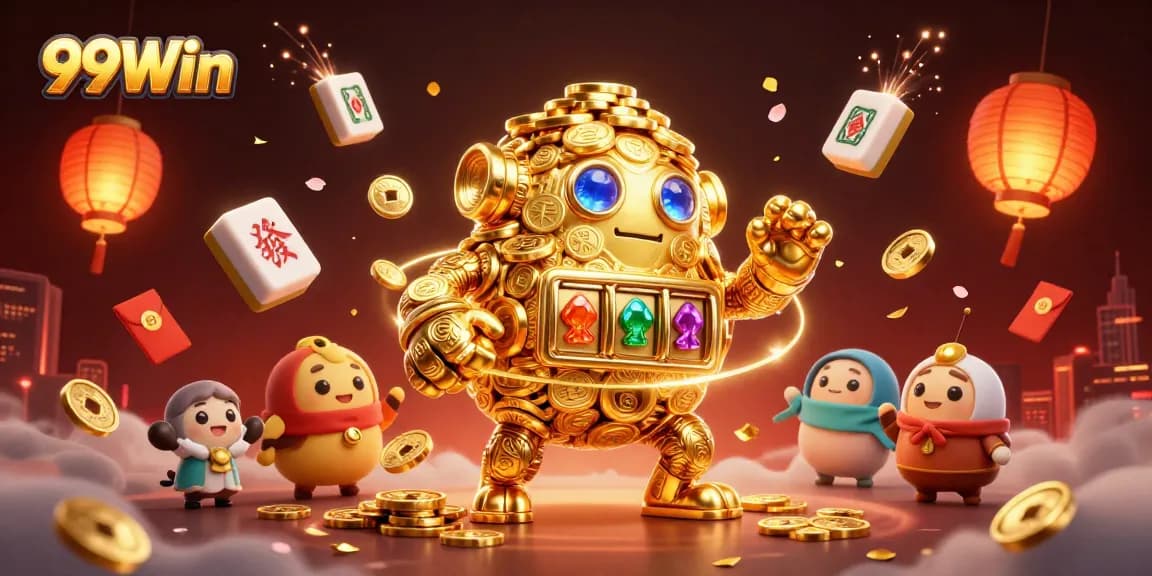 Experience dynamic luck with 99Win as a golden golem surrounded by casino symbols