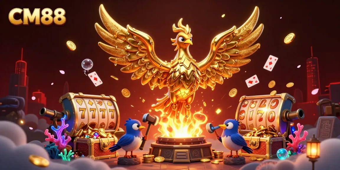Experience the excitement of CM88 with a molten gold phoenix and vivid casino elements in this dynamic illustration.