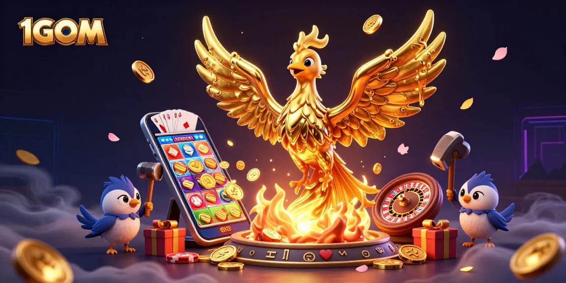 Engage with exciting 1GOM action, where golden phoenix sparks coins amid vibrant game elements.