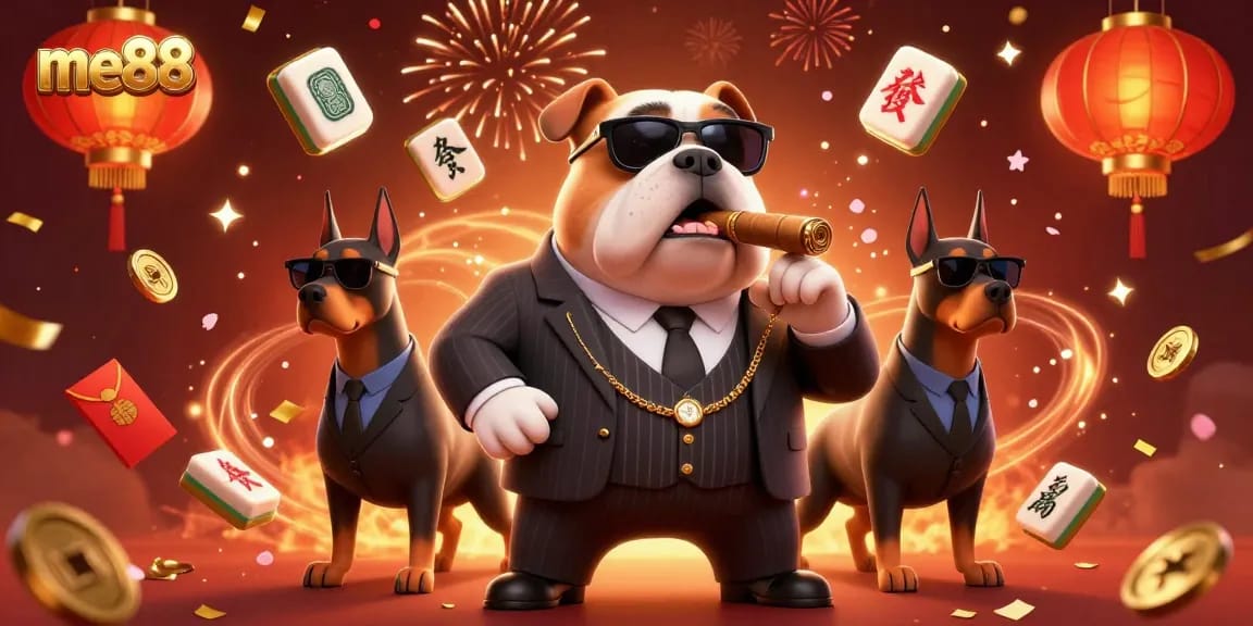 Engage with the lively gaming scene at me88, showcasing a charming mafia bulldog and Doberman bodyguards amidst festive elements.