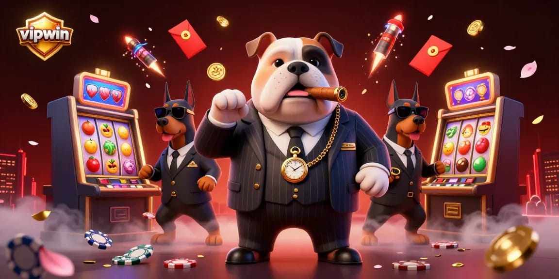 Engage with vipwin at this dynamic casino scene featuring a mafia boss and gaming elements.