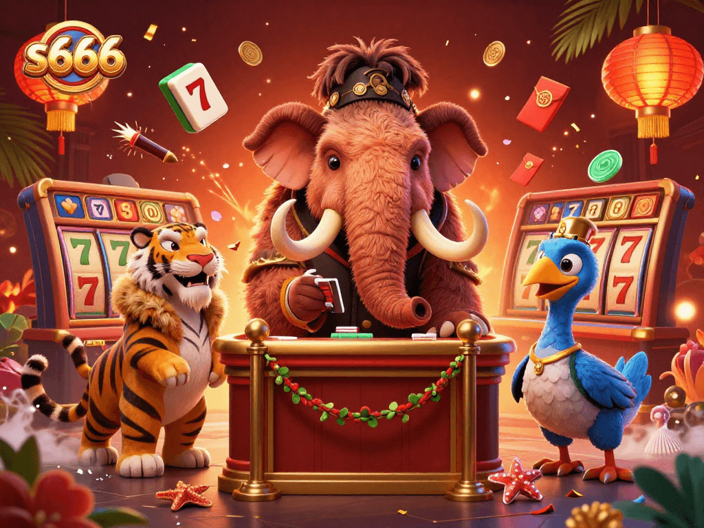 Experience thrilling action with s666, featuring a woolly mammoth bouncer, VIP saber-tooth tiger, and festive casino elements.