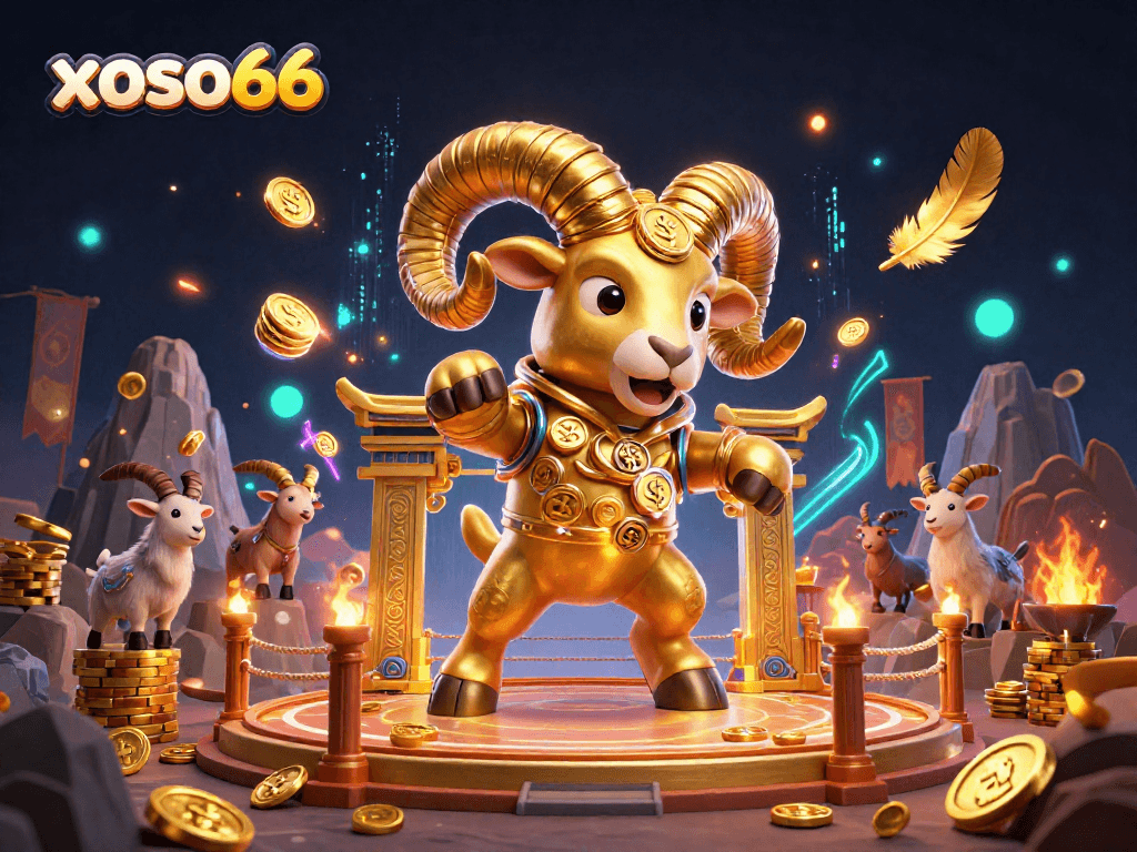 Xoso66 offers thrilling gameplay with a golden ram charging through a dynamic casino scene.