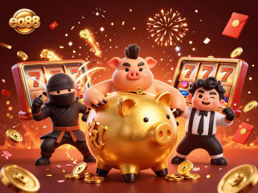 Win massive rewards at ea88 with an energetic casino scene featuring a sumo wrestler and samurai.