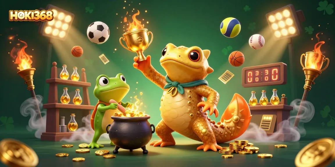 Experience the thrill of HOKI368 with vibrant casino elements like gold coins and sports action.