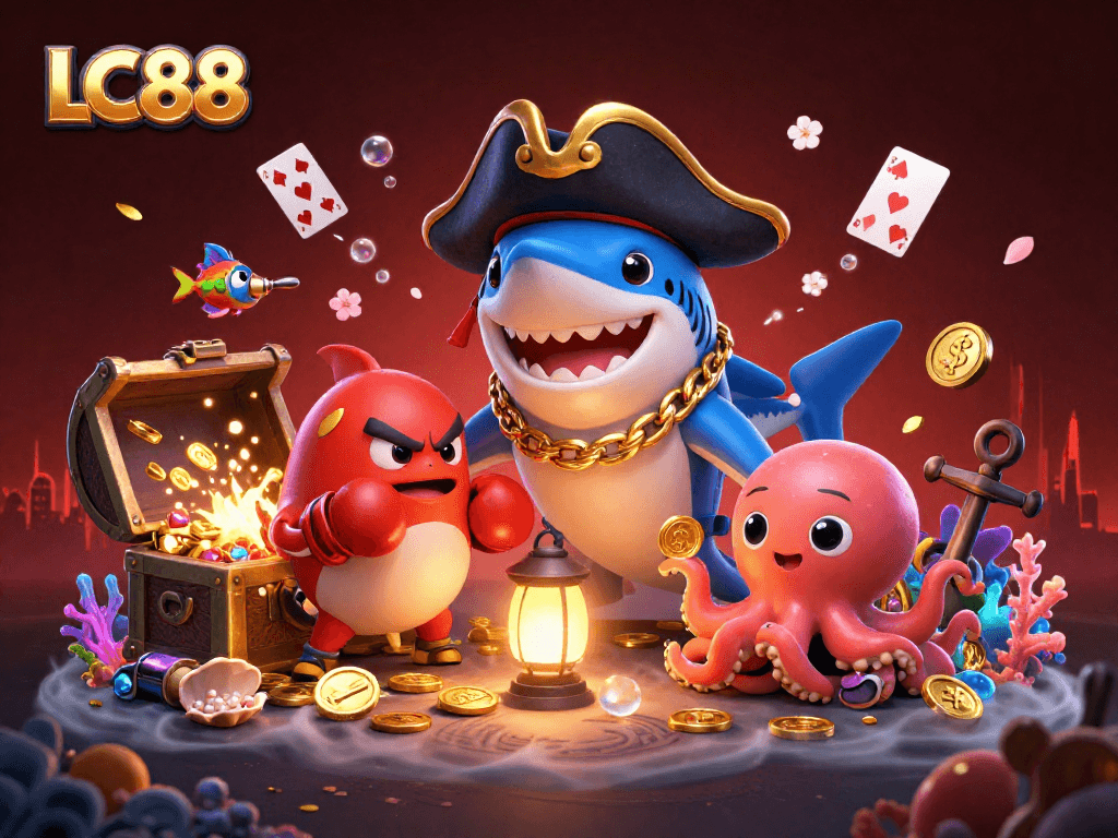 LC88's dynamic underwater gaming scene featuring a shark, pufferfish, and octopus enjoying the thrill of betting.