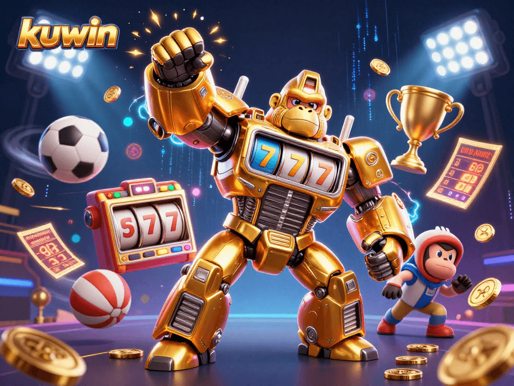 Kuwin's golden gorilla mech dynamically engages with flying sports elements, illustrating the excitement of gaming.