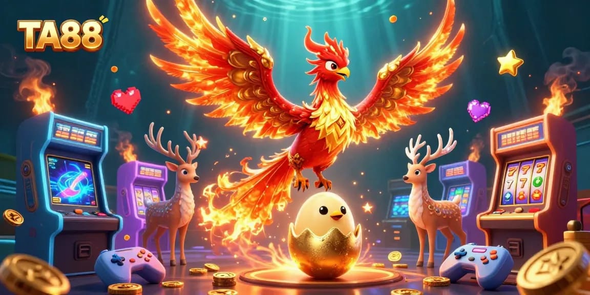 Experience the thrill of gaming at TA88 with vibrant characters and arcade elements in a 3D illustration.