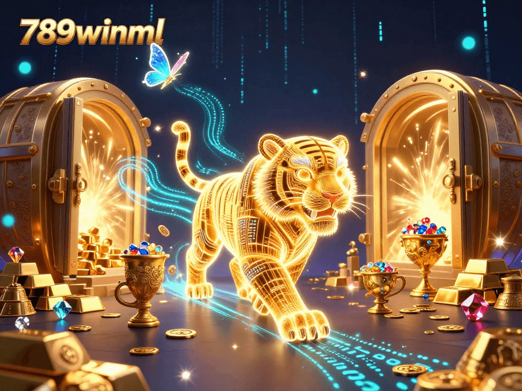 Win big with 789winml in this vibrant, neon-lit casino illustration featuring a golden tiger.