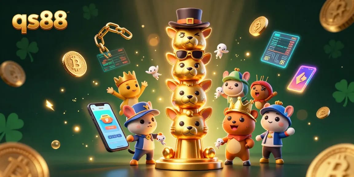 Engage with qs88's vibrant online gambling world through dynamic cartoon characters and crypto elements.