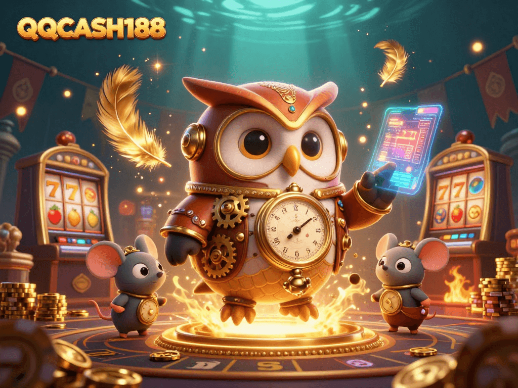 Engage with QQCASH188 in this vibrant 3D casino scene featuring an owl and steampunk elements.