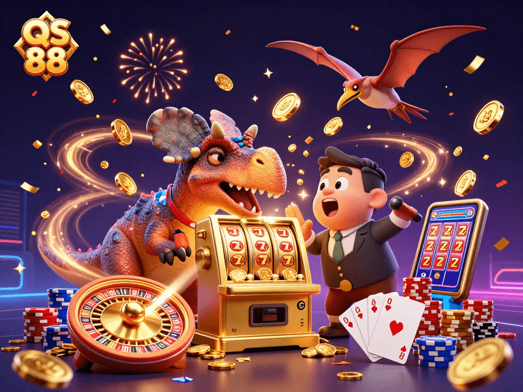 Experience the excitement of QS 88 as a cartoon dinosaur hits a jackpot at a golden slot machine amidst flying coins and casino festivities.