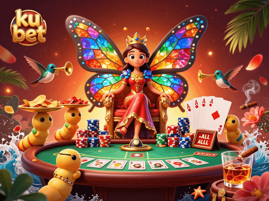 Engage in thrilling gameplay with ku bet’s vivid poker scene featuring a butterfly queen surrounded by vibrant casino elements.