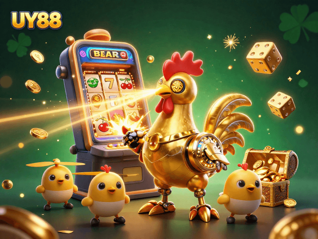 Engaging UY88 illustration with a futuristic rooster robot and casino elements, capturing excitement.