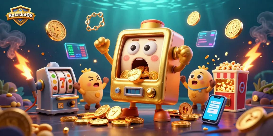 Bolaslot88 jackpot scene with golden slot machine, cheering baby slots, and crypto coins for online casino action.