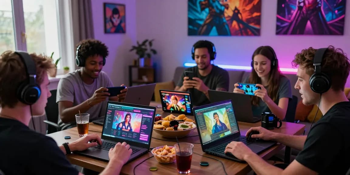 A lively gaming scene featuring players engaged in various xxx games on laptops and mobile devices, showcasing a vibrant atmosphere and diverse content.