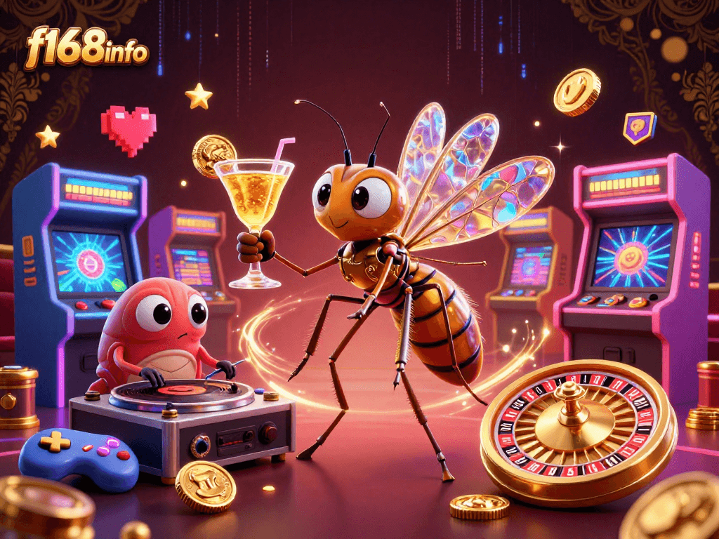 Engage with f168info at a vibrant casino scene featuring a frozen mosquito and trilobite DJ.