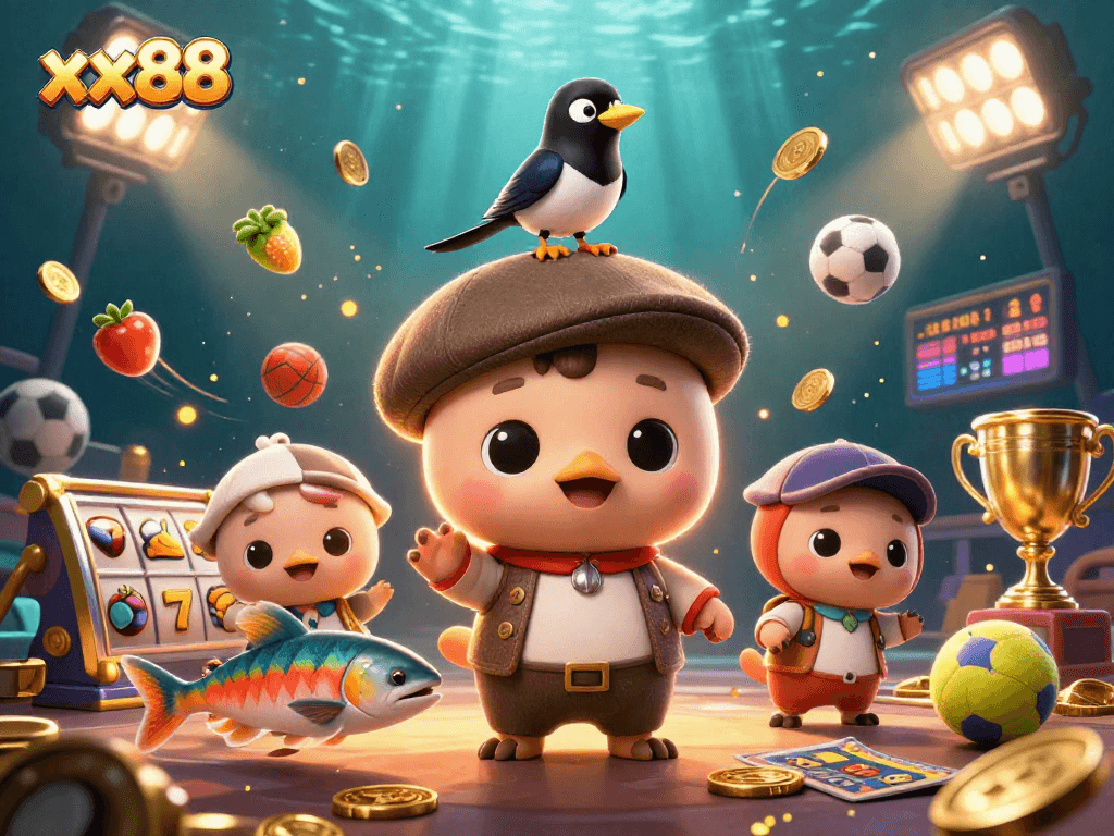 Engaging xx88 illustration featuring baby Nessie amidst dynamic slot reels and sports games.