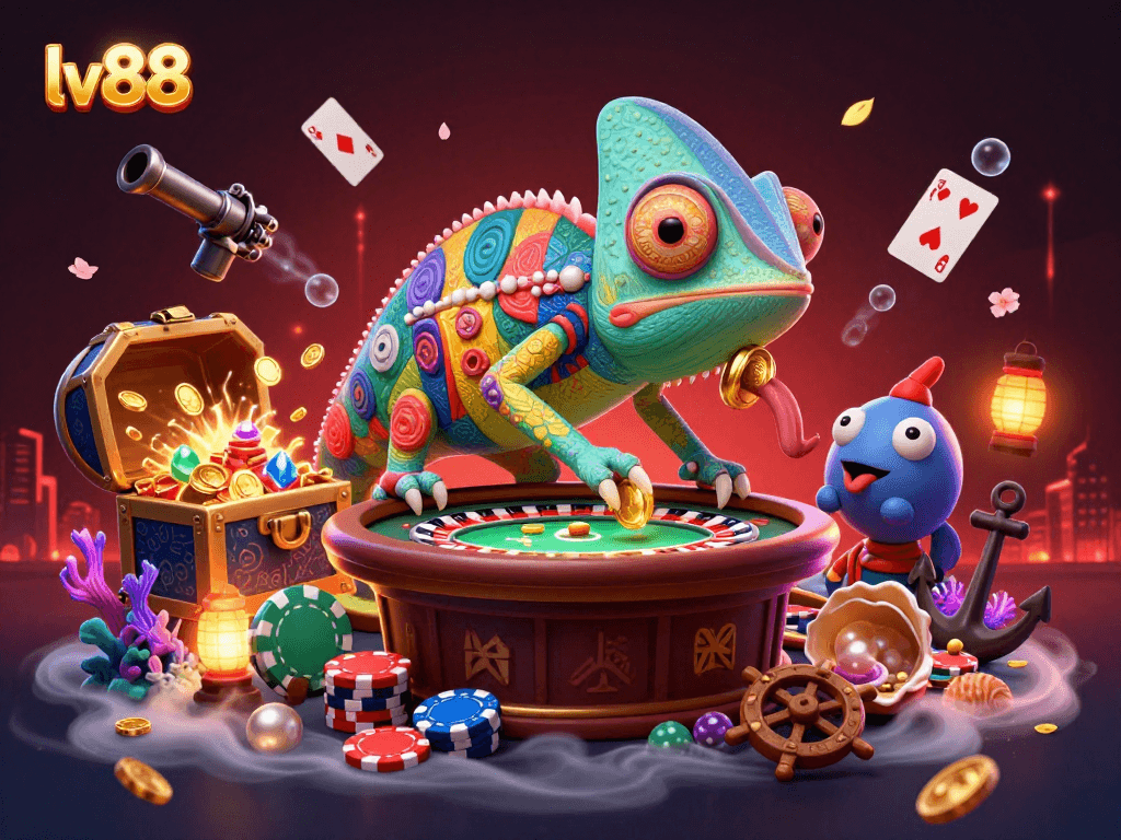 Experience exciting gameplay with lv88, where a vibrant chameleon owner captures golden coins in a dynamic casino scene.