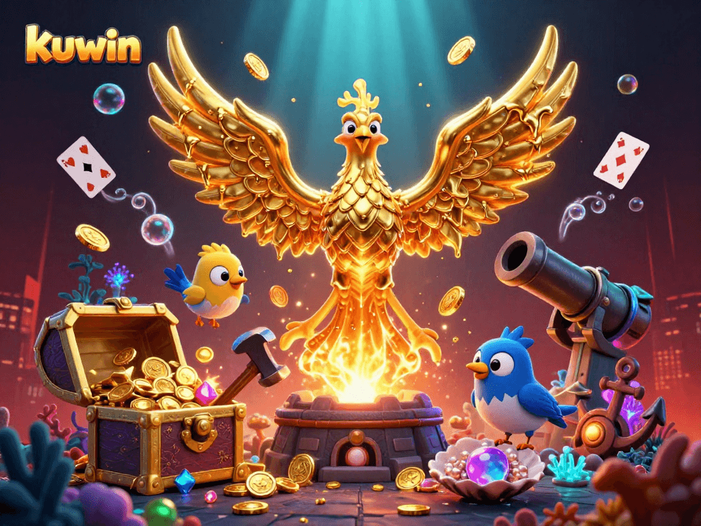 Engage with kuwin's immersive 3D casino experience featuring golden phoenix and dynamic game elements.