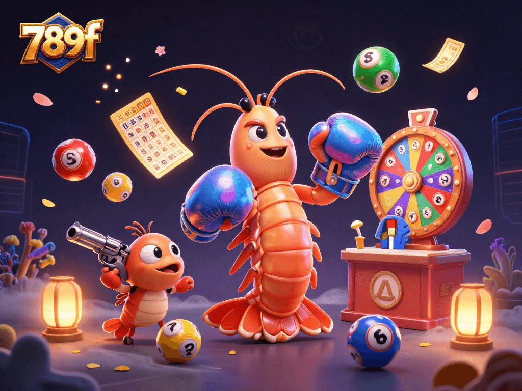 Engage with 789f in this vibrant 3D scene featuring lively casino game elements and energetic characters.