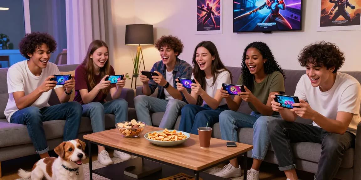 Friends enjoying the latest android porn game on mobile devices in a cozy living room setting.