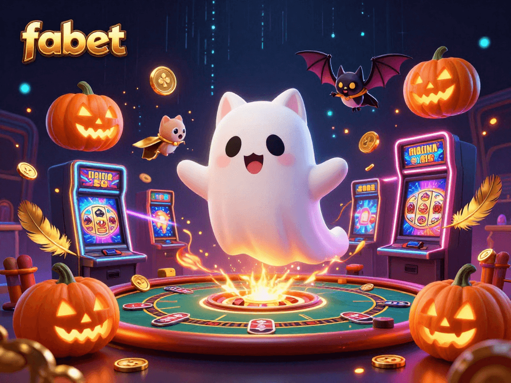 Experience the thrills of fabet's online casino with a ghost cat and vampire bat in a dazzling 3D scene.