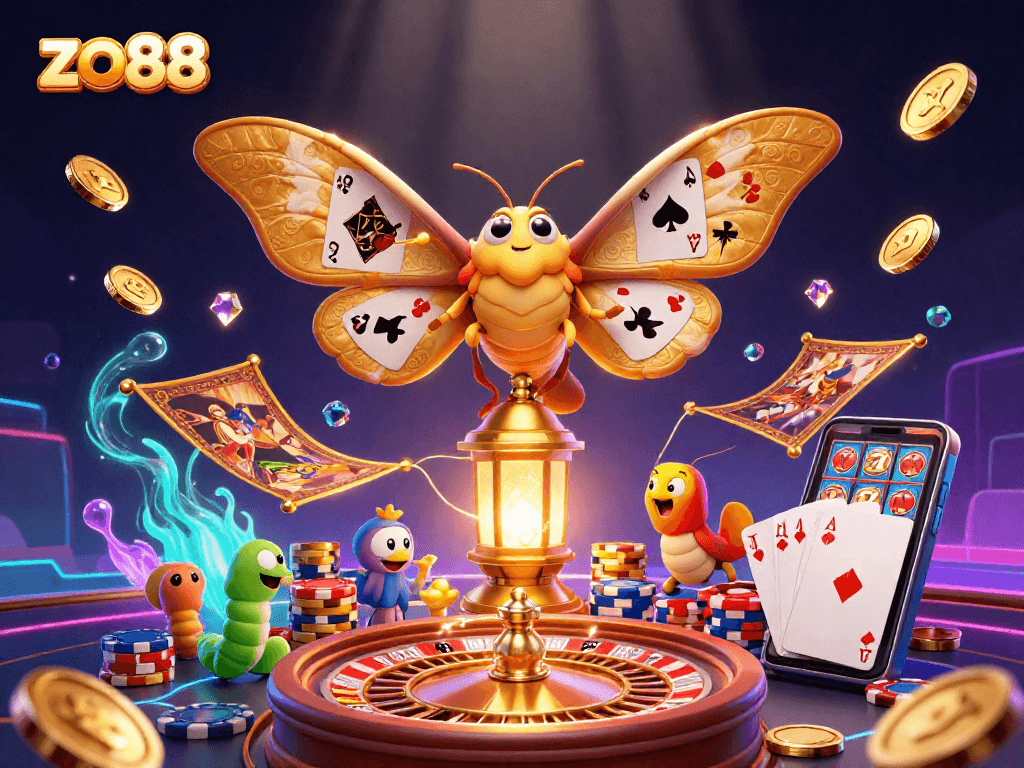 Experience the thrill of zo88 with vibrant casino elements and enchanting moth illustrations.