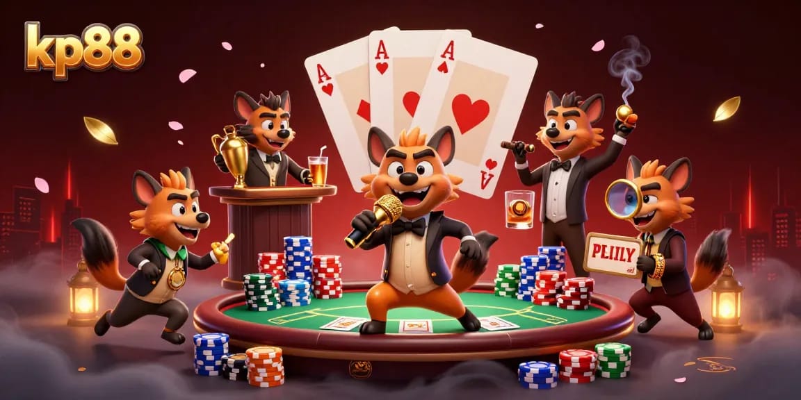 Experience kp88's vibrant casino scene with lively hyenas, poker elements, and joyful atmosphere.