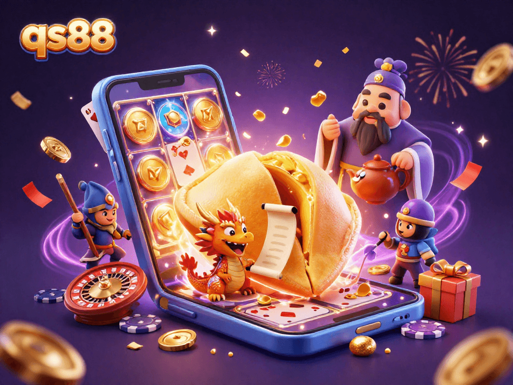 Experience big wins with qs88's vibrant 3D casino illustration of fortune, dragons, and gaming action.