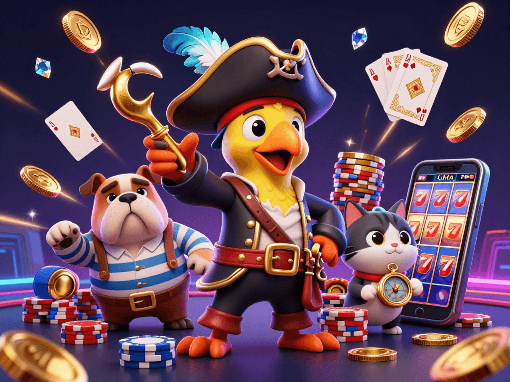 S8s8 captivates with a lively scene of a pirate captain, bulldog, and cat indulging in thrilling casino action.