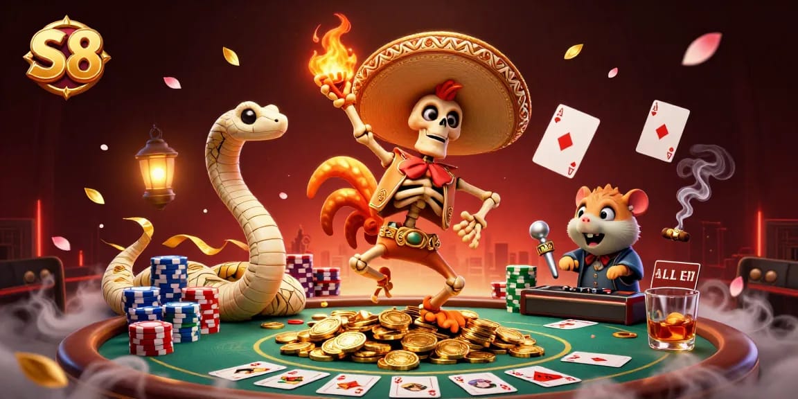 S8 delivers a dynamic victory dance scene featuring a mariachi rooster and gaming elements.