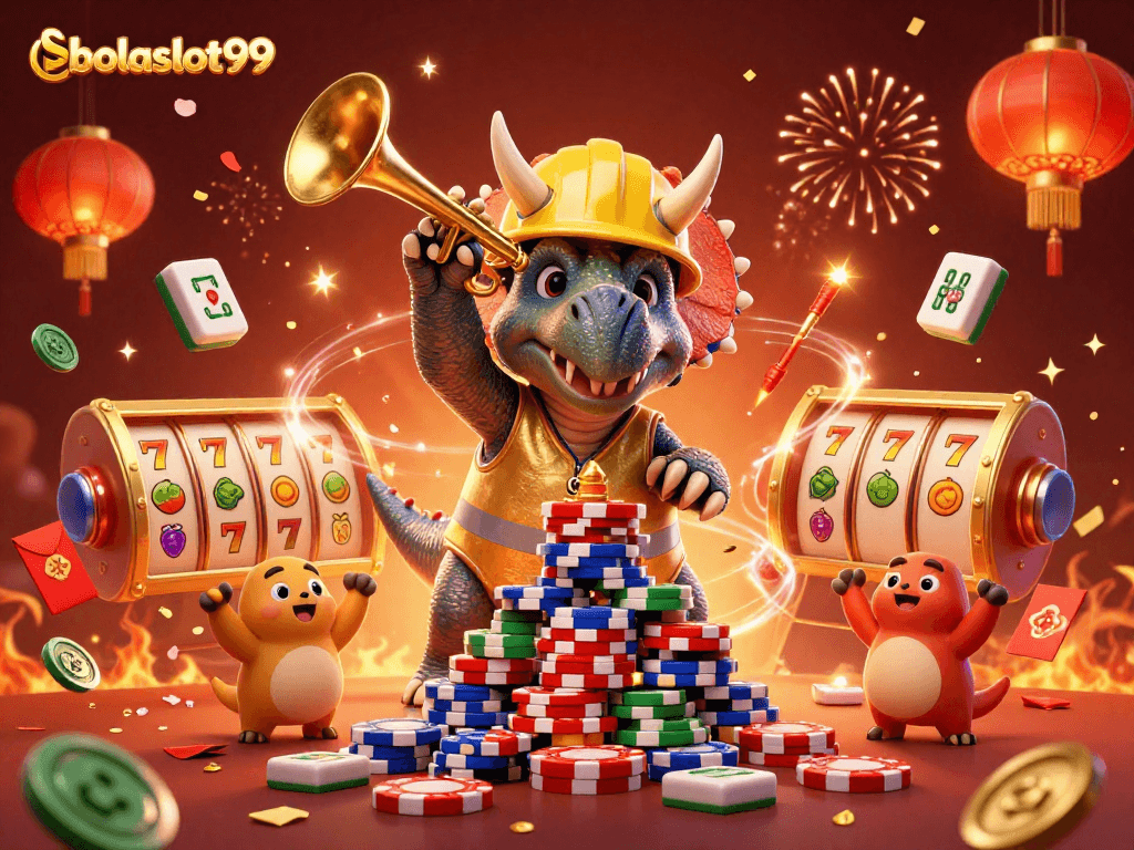 Bolaslot99 brings excitement with triceratops building poker chip pyramid amidst festive casino elements.