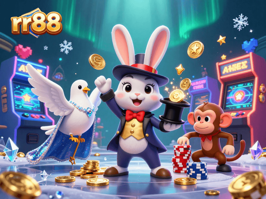 Experience rr88 excitement with a magician rabbit pulling coins and immersive casino gaming elements.