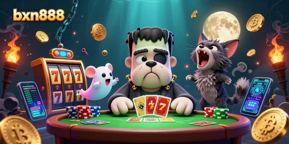 Experience thrilling slot games with bxn888 at a haunted table led by a cartoon monster dealer.