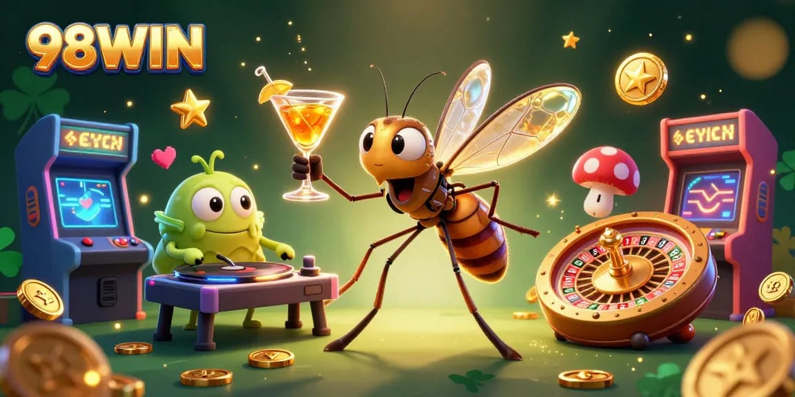 Bet on big wins with 98WIN's vibrant casino art featuring animated characters and sparkling game elements.