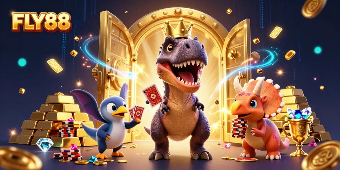 FLY88's cartoon T-Rex shuffles cards while friends stack chips in a vibrant casino scene.