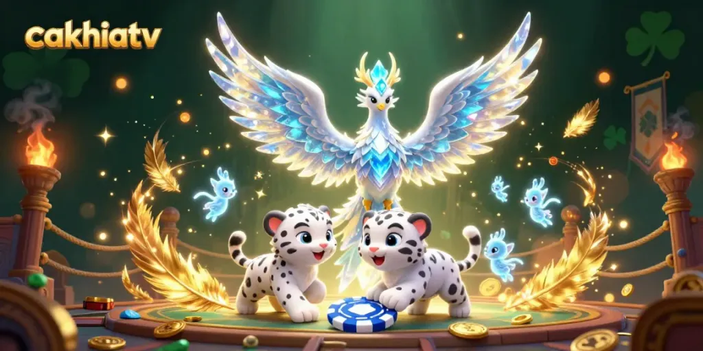 CakhiaTV showcases a thrilling scene featuring an ice phoenix, a snow leopard cub, and magical sprites engaged in an enchanting casino atmosphere.