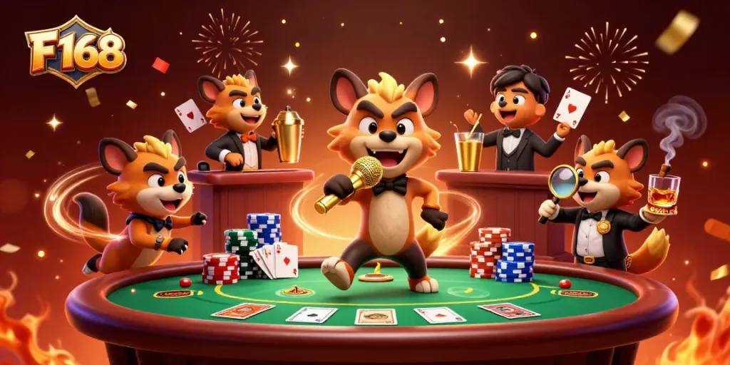 Join the comedy fun at F 168’s casino featuring hyenas, poker chips, and vibrant celebration!