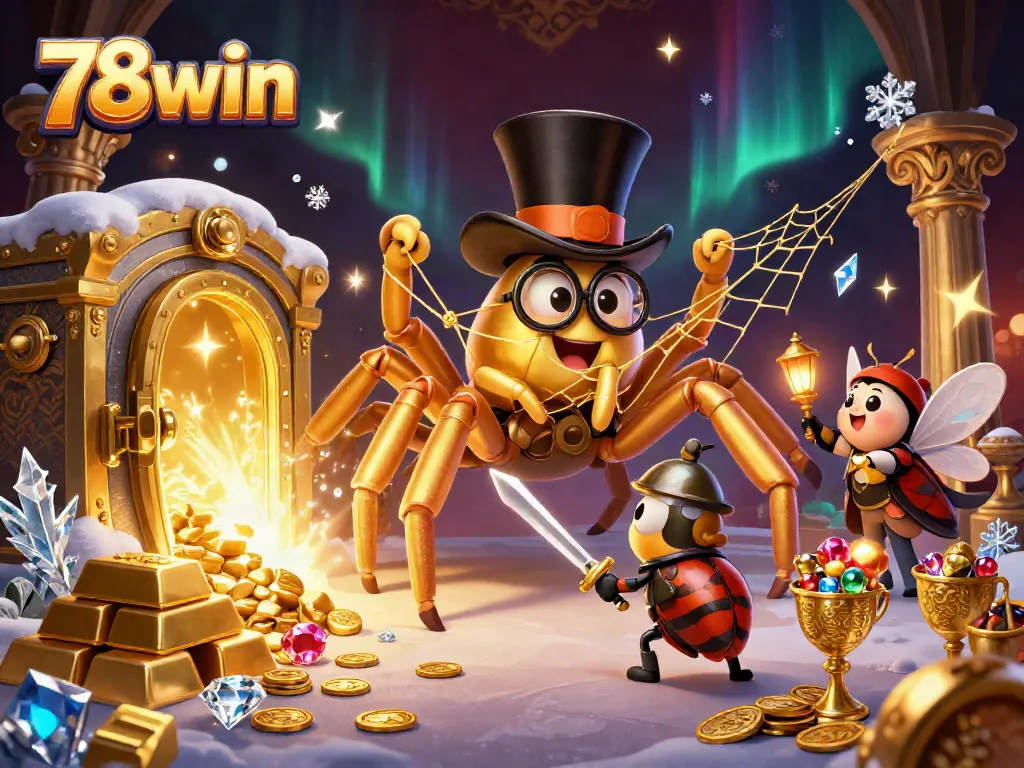 Engage in thrilling gameplay at 78win with a vibrant casino scene featuring exciting characters and golden treasures.