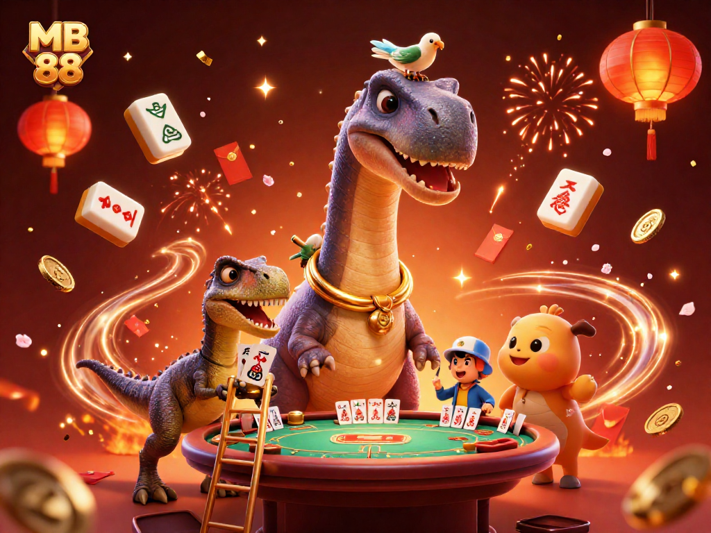 Experience the thrill of MB 88 with a vibrant casino scene featuring a giant dinosaur and dynamic game elements.