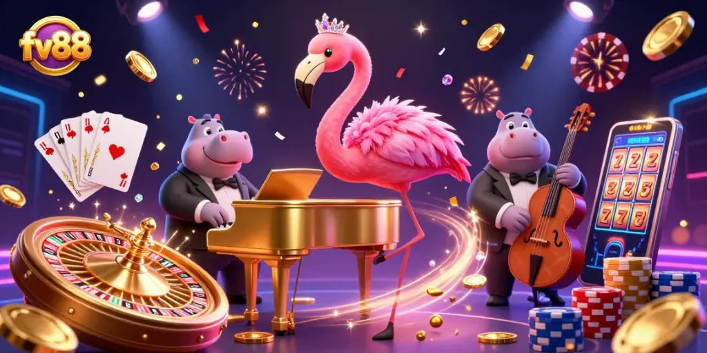 Engage with fv88 at a lively casino scene featuring a flamingo singer and hippo bassist.