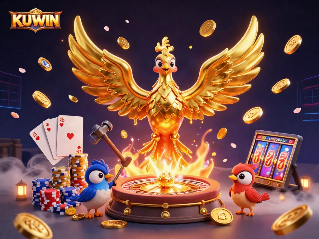 KUWIN offers exciting gaming experiences with a captivating golden phoenix and casino elements.