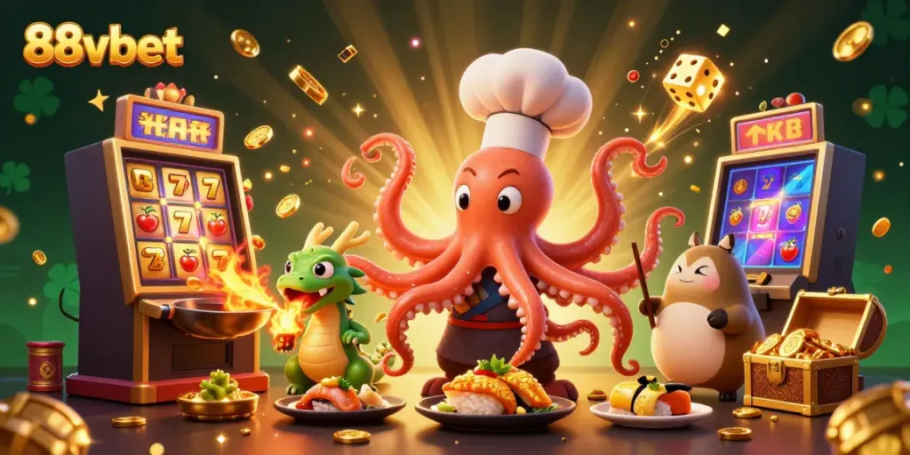 Experience the thrilling world of 88vbet with an exciting 3D casino scene showcasing an octopus chef and dragon.